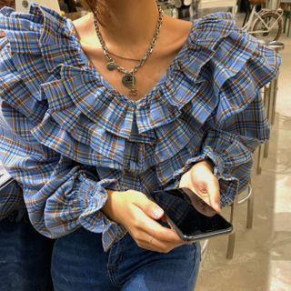 Plaid Ruffle Blouse Blue - One Size