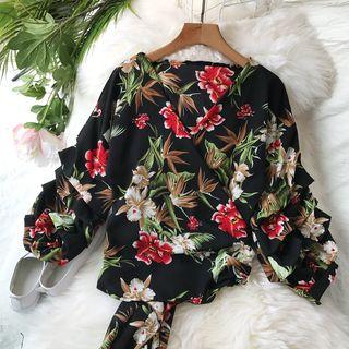 Long-sleeve V-neck Floral Print Top