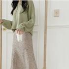 Plain Long-sleeve Knit Top / Leopard Print Midi A-line Skirt