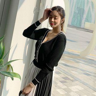 Set: Contrast-trim Cardigan + Two-tone Midi Skirt Black - One Size