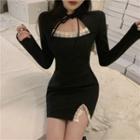 Tie-neck Cutout Lace Panel Mini Bodycon Dress