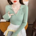 Open Collar Ribbed Knit Top
