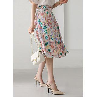 Band-waist Patterned Midi Flare Skirt