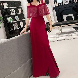 Cold-shoulder Glitter Panel Midi A-line Evening Gown