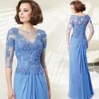 Lace Panel Elbow Sleeve Sheath Evening Gown