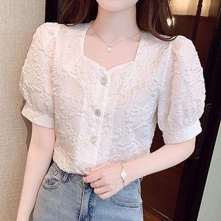 Puff-sleeve Square Neck Button-up Blouse