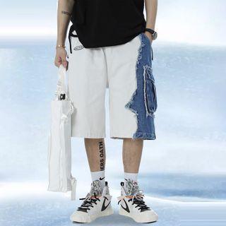 Denim Panel Plain Straight Cut Shorts