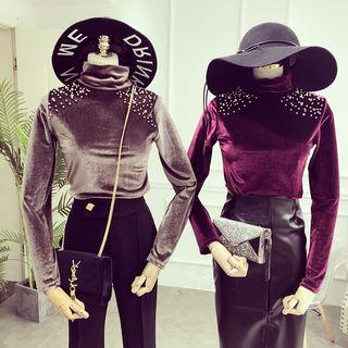 Velvet Beaded Turtleneck Long-sleeve Top