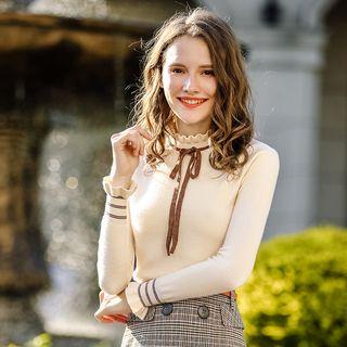 Long-sleeved Tie-neck Knit Sweater
