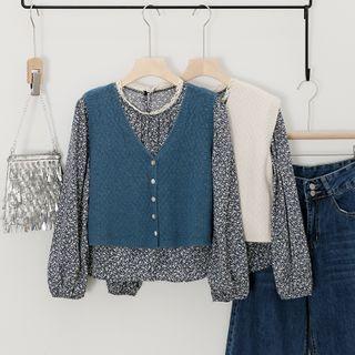 Set : Lace Floral Long-sleeve Blouse + V-neck Plain Sleeveless Sweater