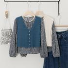 Set : Lace Floral Long-sleeve Blouse + V-neck Plain Sleeveless Sweater