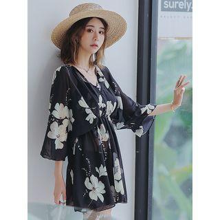 Set: Floral Rint Bikini + Shorts + Cover-up