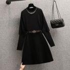 Set: Long-sleeve Beaded Knit A-line Dress + Belt