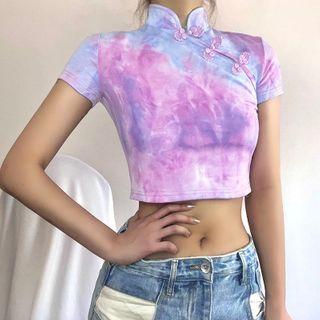 Stand-collar Tie-dye Short-sleeve Crop Top