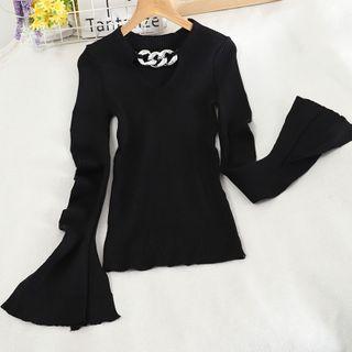 Long-sleeve Chained Knit Top Black - One Size