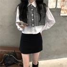 Houndstooth Vest / Long-sleeve Ruffle Shirt / Plain Mini Skirt