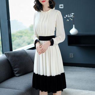 Color Block Long-sleeve A-line Chiffon Dress
