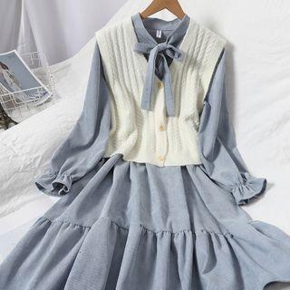 Set: Bell-sleeve Tiered Midi A-line Dress + Single-breasted Knit Vest