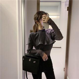 Mock-turtleneck Ruffled Shirred Blouse As Shown In Figure - One Size