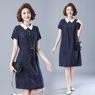 Short-sleeve Collared Print Mini A-line Dress / Belt / Set