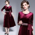 Long-sleeve Tie-waist Midi A-line Velvet Dress