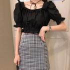 Balloon-sleeve Shirred Cropped Blouse / Plaid A-line Skirt
