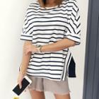 Round-neck Elbow-sleeve Striped Knit Top