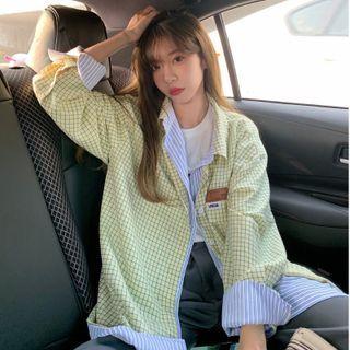 Mock Two-piece Striped Panel Plaid Shirt Jacket