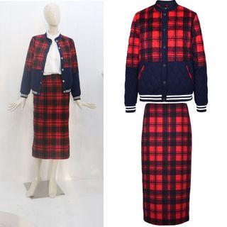 Plaid-panel Button Jacket / Midi Skirt