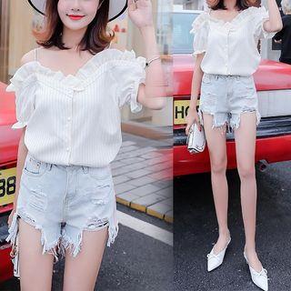 Short-sleeve Frill-trim Striped Shirt