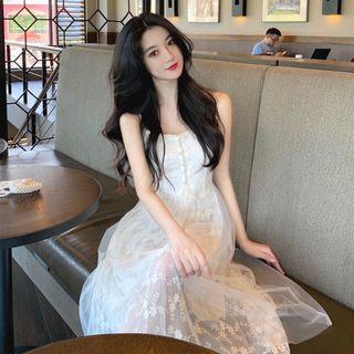 Short-sleeve Mesh A-line Dress / Spaghetti Strap Dress