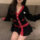 Contrast Trim Long-sleeve Knit Dress Red - One Size