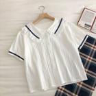 Color-block Single-breasted Short-sleeve Blouse White - One Size