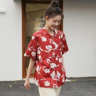 Short-sleeve Floral Shirt Wine Red - One Size