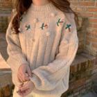 Flower-embroidered Pompom Boxy Sweater