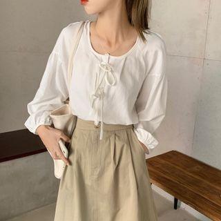 Set : Long-sleeve Top + High-waist Midi Skirt