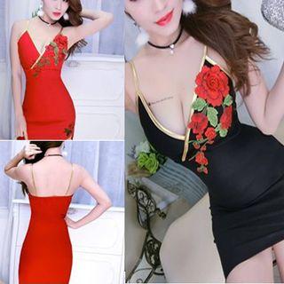 Rose Embroidered Strappy Bodycon Dress