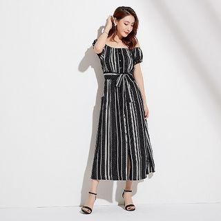 Off-shoulder Striped Tie-waist Midi A-line Dress