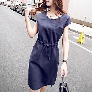 Short-sleeve Drawstring Slit-hem Dress