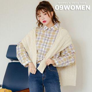 Plus Size Slit-side Oversized Plaid Shirt