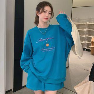 Set : Long-sleeve Round-neck Sweatshirt + Elastic Waist Shorts
