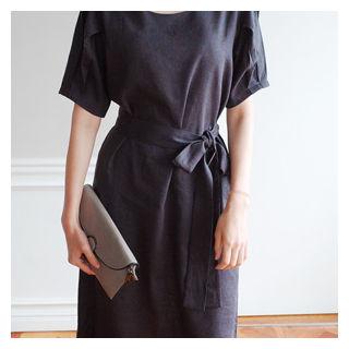 Puff-sleeve Shift Midi Dress With Sash
