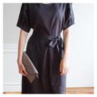 Puff-sleeve Shift Midi Dress With Sash