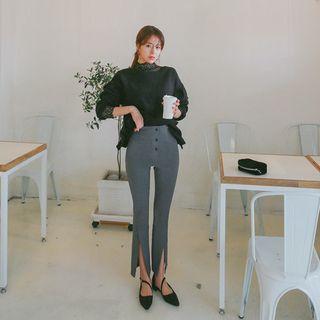 Buttoned Mid-rise Slit Boot-cut Pants