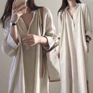 3/4-sleeve Midi A-line Linen Shirtdress