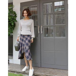 Asymmetric Ruffle-hem Plaid Long Skirt