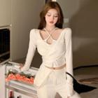 Cross-strap Mock Two-piece Cropped T-shirt / High-waist Straight Leg Pants