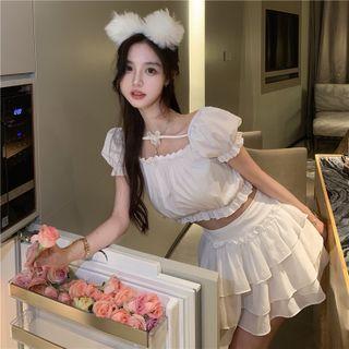 Off-shoulder Ruffled Crop Top / Layered Mini Skirt