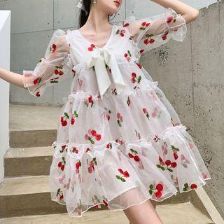 Puff-sleeve Cherry Embroidered Mini Smock Dress