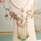 Set : Retro Butterfly Freshwater Pearl Gemstone Necklace Set - Necklace - Green & White - One Size